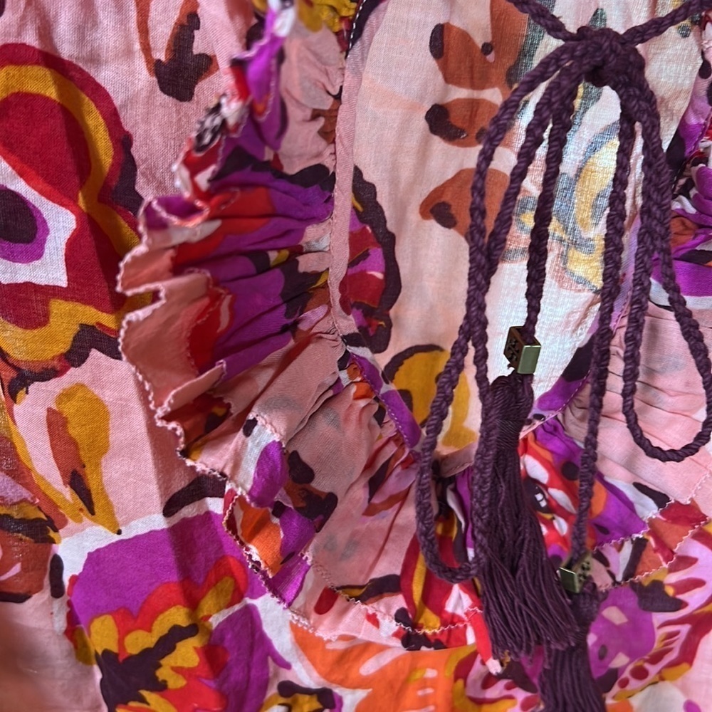 Tory Burch Pink Floral Tassel Tie Boho Blouse Top Size 4 Silk Cotton Blend - Picture 14 of 15